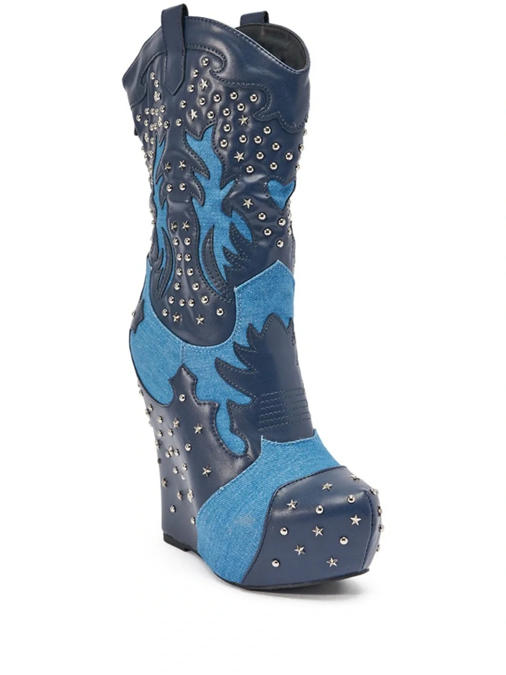 Women's Studded Navy Two-Tone Western Wedge Boots